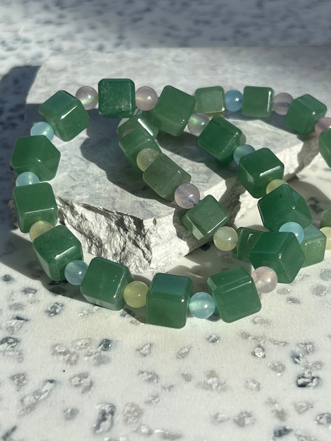 Green Jade Mix Cube Morganite Bracelet